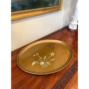 Vintage Gold Lacquer Tray, Hand Painted Butterfly Oval Serving Tray - 18"